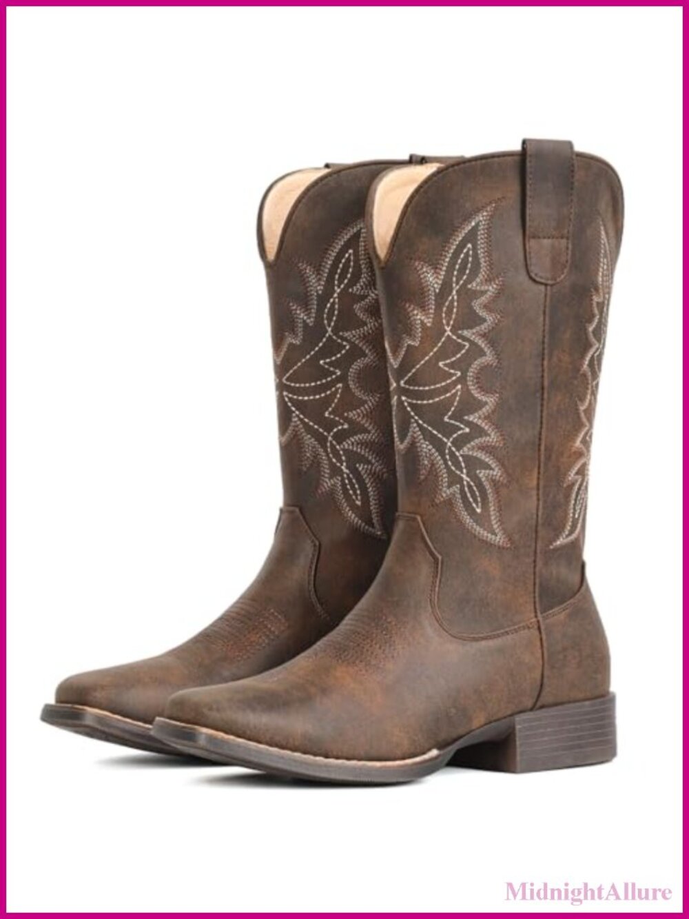 Square Toe Western Cowgirl Mid Calf Pull On Boots Faux Leather